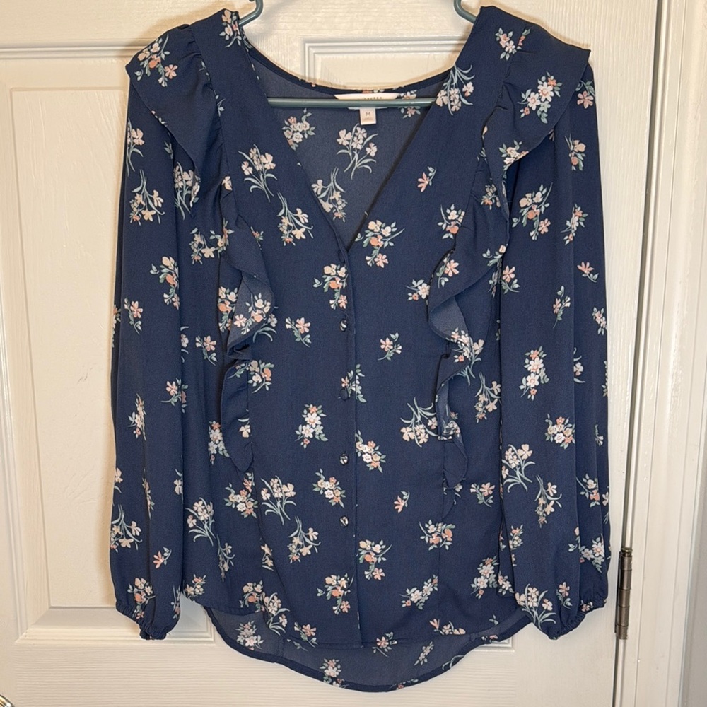 LC Lauren Conrad Blue Ruffled Long Sleeve Blouse